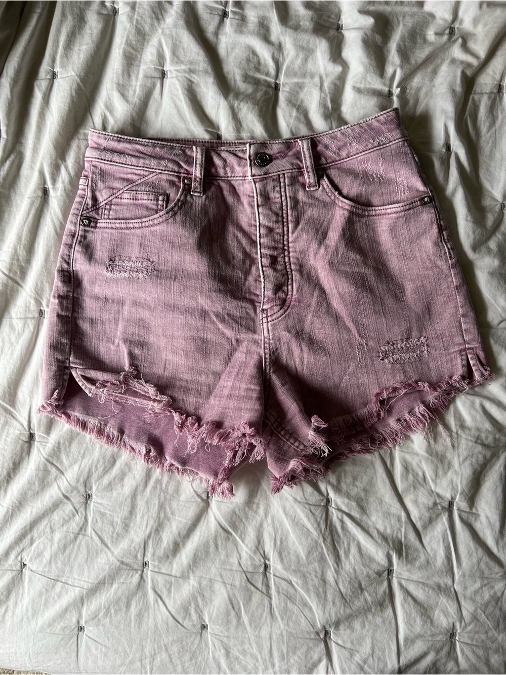 We The Free Pink Distressed Denim Shortie Shorts